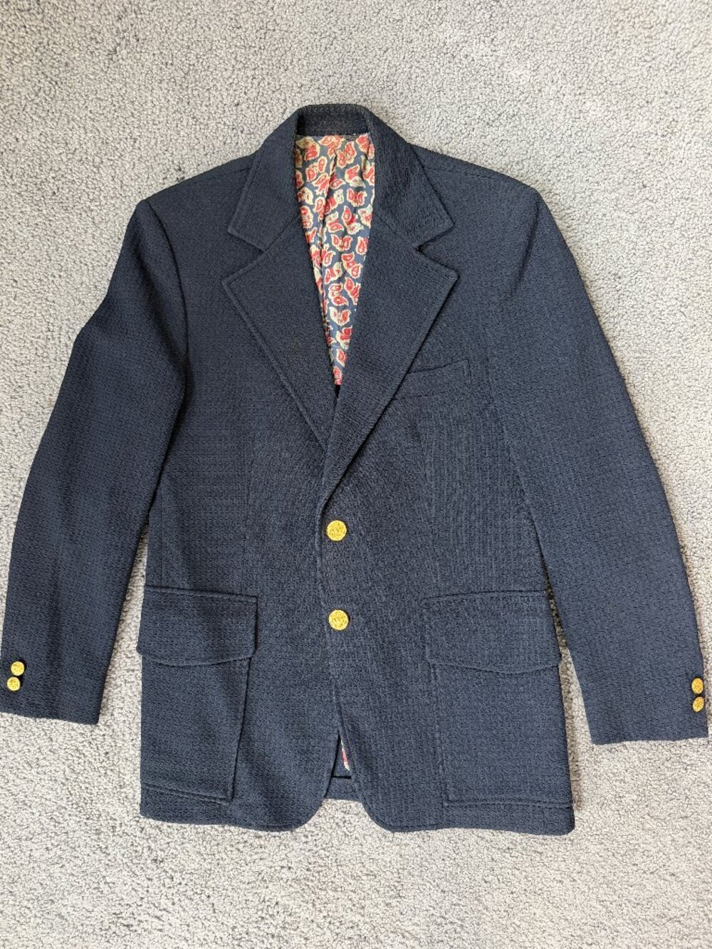 Vintage 70s Johnny Carson Blazer Navy Gold Button Paisley Lining - Sz. 38R -VGUC